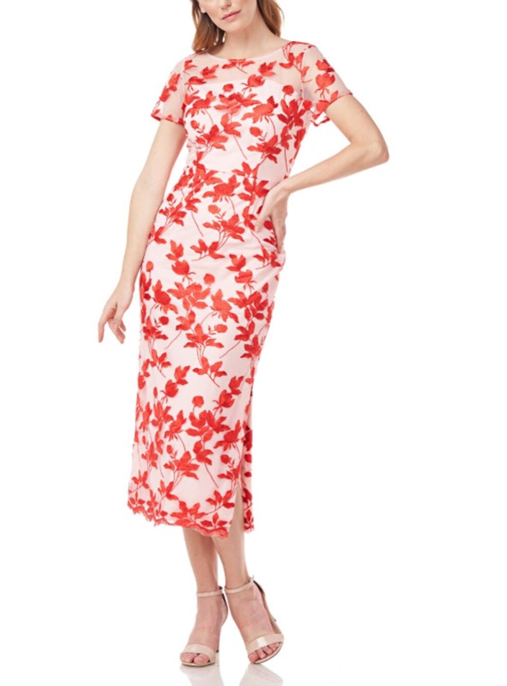 JS Collections Denise Column Tea Length Dress Floral Poppy Red Womens Size 10